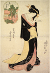 An oiran looking at the superscription of a letter.  In the upper corner a view of Tamaya at Kameido