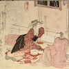Man looking at hanging scroll; woman serves meal