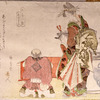 Standing woman, seated man, attendant