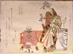 Standing woman, seated man, attendant