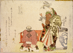 Standing woman, seated man, attendant