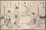 Two women listening to third playing a samisen