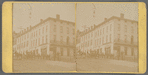 Street view of hotel building with group of men standing next to horse and carriage, Ohio
