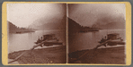 Ferry and barge on the river, and people at a dock next to house, Ohio