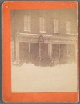Group of people standing outside Gilbert G. Gaston store in snow scene, Steubenville, Ohio