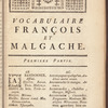 Vocabulaire malgache, distribué en deux parties, la premiere françois et malgache, la seconde malgache et françois