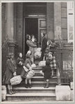 Family with packages in front of residential building (England?)