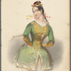 Woman in green military-style jacket and red shako with white feather, her arms akimbo
