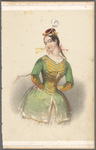 Woman in green military-style jacket and red shako with white feather, her arms akimbo