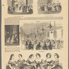 Scenes at the third Metropolitan Hotel hop, New York: Going up the grand stairway, The ladies' dressing-room, Entering the Metropolitan Hotel, The supper room, Costumes of some of the belles at the Metropolitan hop, February 16 