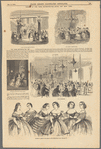 Scenes at the third Metropolitan Hotel hop, New York: Going up the grand stairway, The ladies' dressing-room, Entering the Metropolitan Hotel, The supper room, Costumes of some of the belles at the Metropolitan hop, February 16 