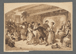 Circle dance in front of a fireplace in a crowded room