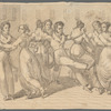 Couples dancing in an interior; at center, a man with clenched fists, who appears to be falling