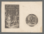 At left, actresses and their admirers in a dressing room; at right, Harlequin on stage