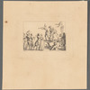 Outdoor performance by actors in costumes suggesting the commedia dell'arte, watched by adults, children, and dogs