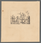 Outdoor performance by actors in costumes suggesting the commedia dell'arte, watched by adults, children, and dogs
