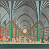 Interior with vaulted ceiling; in the foreground, a line of actors? including Harlequin