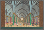Interior with vaulted ceiling; in the foreground, a line of actors? including Harlequin