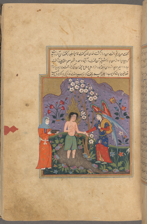 Ayyûb (Job), wearing a loincloth, is raised up by the angel Jibrâ'îl ...