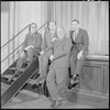 Publicity photograph of Charles Strouse, Lee Adams, unidentified man and Mel Brooks during rehearsal for the stage production All American