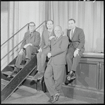 Publicity photograph of Charles Strouse, Lee Adams, Joshua Logan, and Mel Brooks during rehearsal for the stage production All American