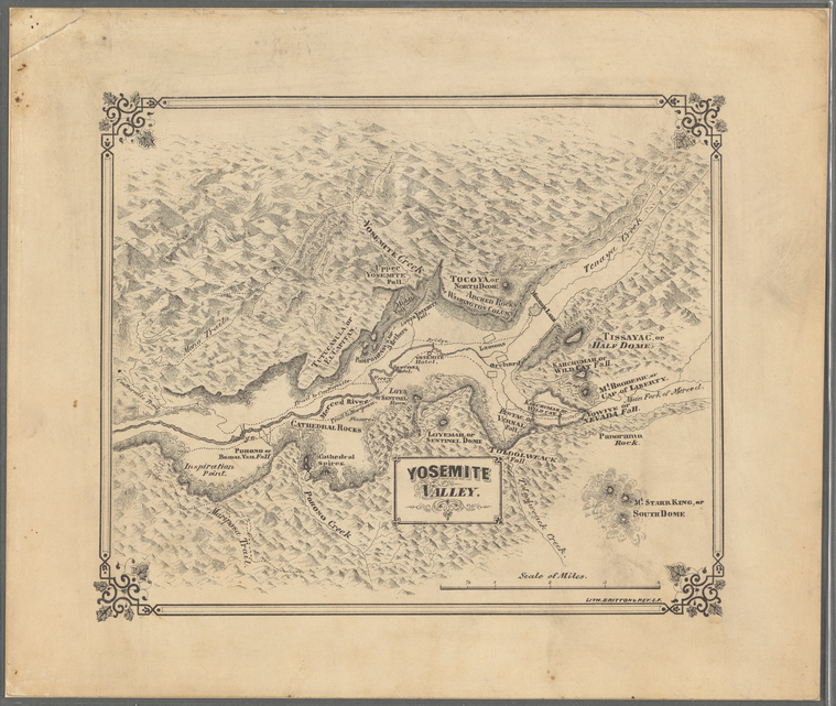 Map of Yosemite Valley from the 1860s or 1870s, showing Native American as well as English language place names for major features