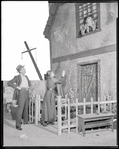 Josephine Hutchinson, Warren William and Whitford Kane (as Captain Hagberd in the window) in the stage production One Day More