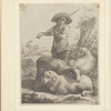 Boy and three sheep; horsemen in background