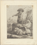 Boy and three sheep; horsemen in background