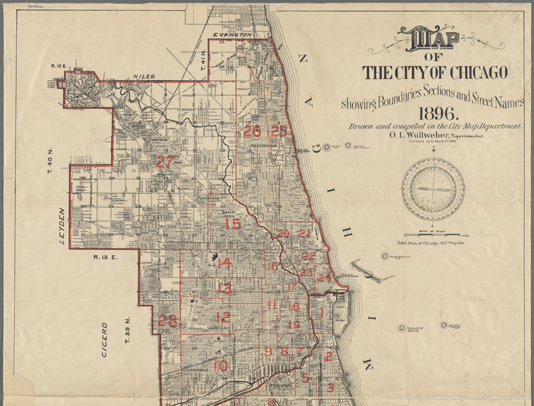 Map of the city of Chicago showing boundaries, sections and street ...