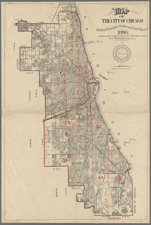 Map of the city of Chicago showing boundaries, sections and street ...