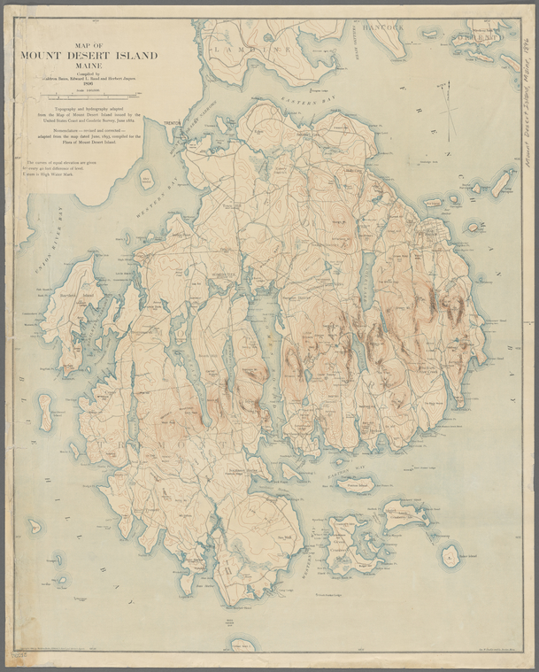 Map of Mount Desert Island, Maine, 1896, showing hills, roads, and trails