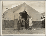 Migrant family in Kern County. This family was sent back at the state line by the Los Angeles police. Refused entrance into California, and it was only after they had gone back to Arkansas to borrow fifty dollars ... that they were permitted to enter