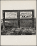 Employment signs in Spanish and English. These ranches (1938) increasingly use Negro pickers. Near Fresno, California