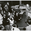 Harold Prince indicating set design maquette during rehearsals for the stage production Follies
