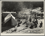 Two families, fifteen people, from Chickasaw, Oklahoma, camped by the roadside near Santa Maria, California. Heading for the pea harvest but stalled because they have no money to buy a trailer's license