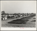 View of Kern County migrant camp showing community garden plots. California