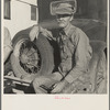 Texans and Oklahomans, drought stricken ex-farmers, are fast supplanting Mexican labor in the California harvests. Oklahoman from Chickasaw in potato pickers' camp. Kern County, California