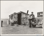 Migratory Mexican field worker's home on the edge of a frozen pea field. Imperial Valley, California