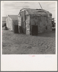 Migratory field worker's home on the edge of a pea field. The family lived here through the winter. Imperial Valley, California
