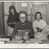 Singing hymns before opening of meeting of Mothers' Club at Arvin Farm Security Administration (FSA) camp for migrants, California