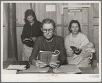 Singing hymns before opening of meeting of Mothers' Club at Arvin Farm Security Administration (FSA) camp for migrants, California