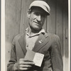 From Oklahoma farm (April 1938) to strike leader in California. Cotton strike (Nov. 1938). He displays his union membership book. "Vote No on No. 1" refers to proposed anti-picketing law which was later defeated by California electorate. Kern County, Cal.
