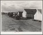 Shafter camp for migrant workers (Farm Security Administration-FSA), California. Tent platforms are supplied. Workers supply their own tents. The newer camps are experimenting with prefabricated steel one-room houses