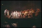 David Burns [left], Robert Preston [right] and unidentified others in the stage production The Music Man