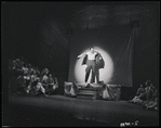 Robert Preston [center] and unidentified others in the stage production The Music Man