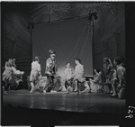 Robert Preston [center] and unidentified others in the stage production The Music Man