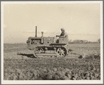 West side of San Joaquin Valley, California. Caterpillar diesel type tractor is common in California. Only very large-scale operations can afford this type. Cultivating potato-fields