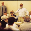 Jerome Robbins with company staff and cast, first day of  rehearsal for the stage production Jerome Robbins' Broadway