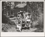 Colored sharecropper and his children about to leave home through the pine woods after their morning work at the tobacco farm stringing and putting up tobacco. Shoofly, Granville County, North Carolina